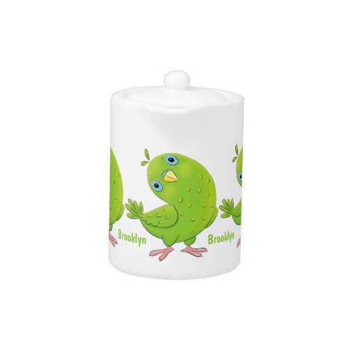 Cute green curious parakeet cartoon illustration teapot