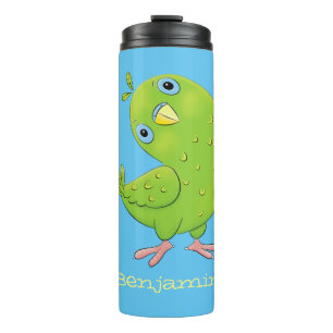 Cute green curious parakeet cartoon illustration thermal tumbler