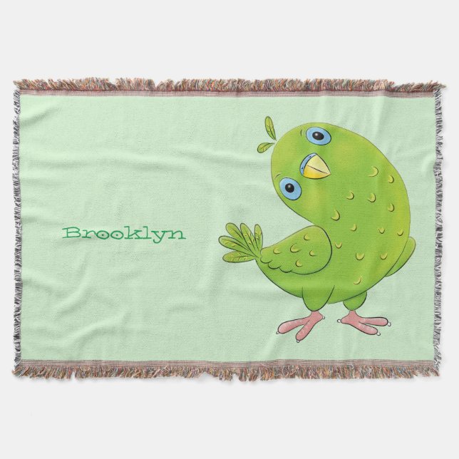 Cute green curious parakeet cartoon illustration throw blanket (Front)