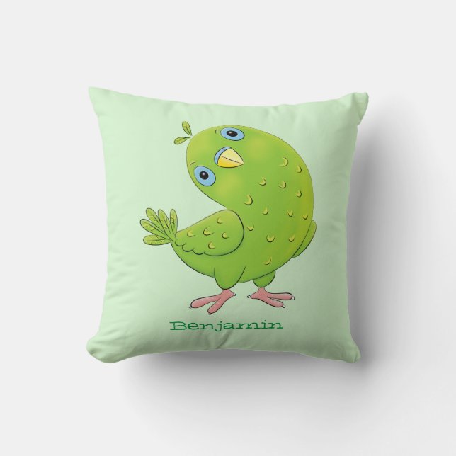 Cute green curious parakeet cartoon illustration throw pillow (Front)