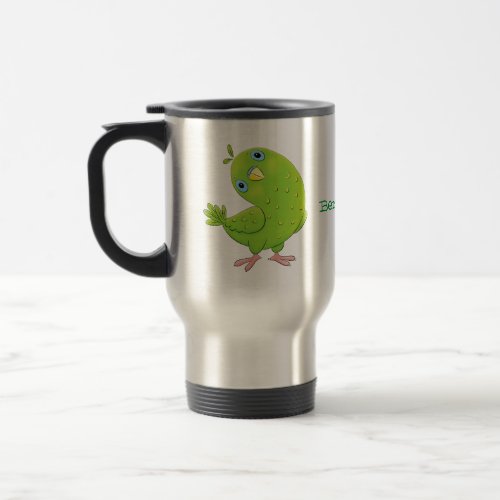 Cute green curious parakeet cartoon illustration travel mug