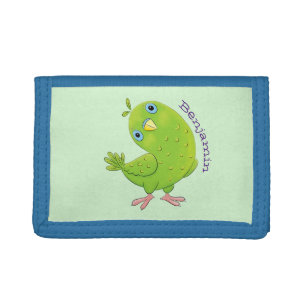 Cute green curious parakeet cartoon illustration trifold wallet