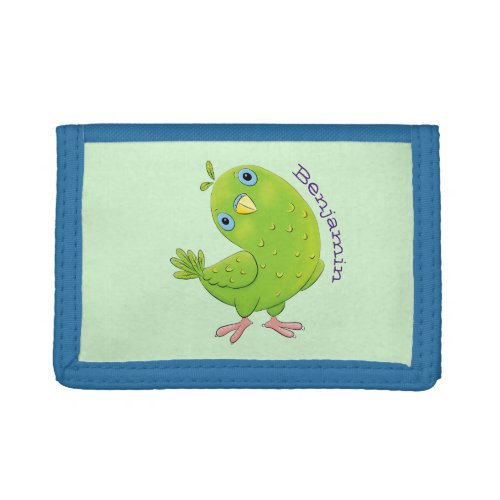Cute green curious parakeet cartoon illustration trifold wallet