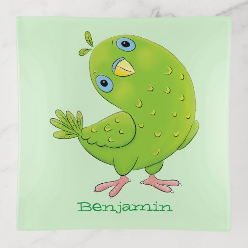 Cute green curious parakeet cartoon illustration trinket tray