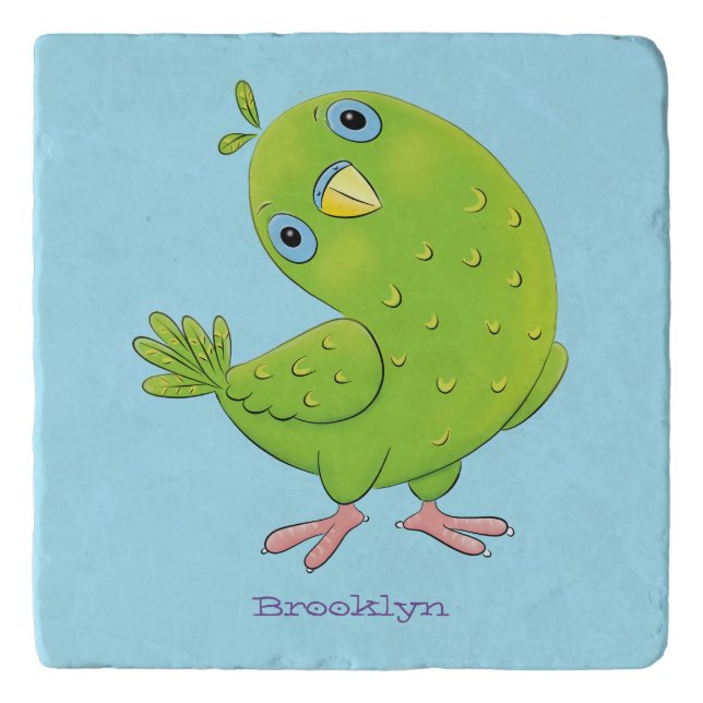 Cute green curious parakeet cartoon illustration trivet (Front)