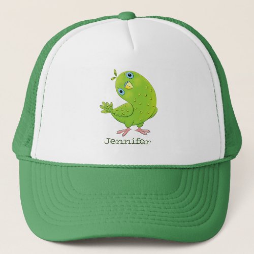 Cute green curious parakeet cartoon illustration trucker hat