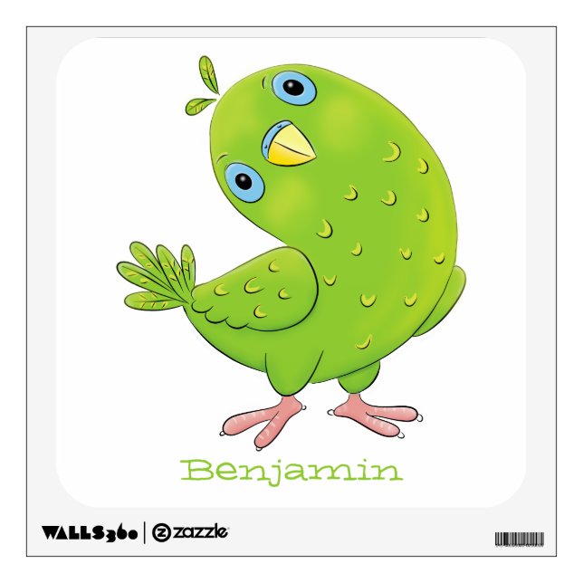 Cute green curious parakeet cartoon illustration wall decal (Front)