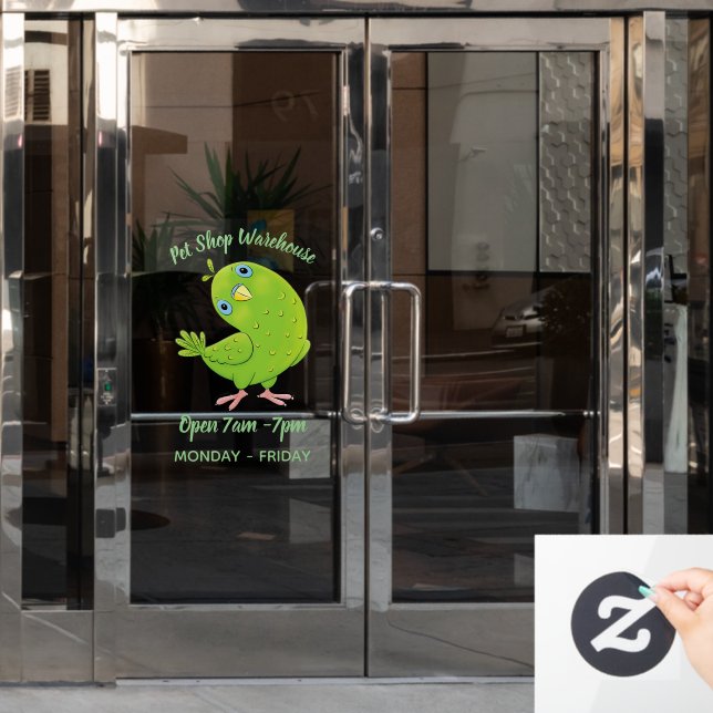 Cute green curious parakeet cartoon illustration window cling (Office Door)