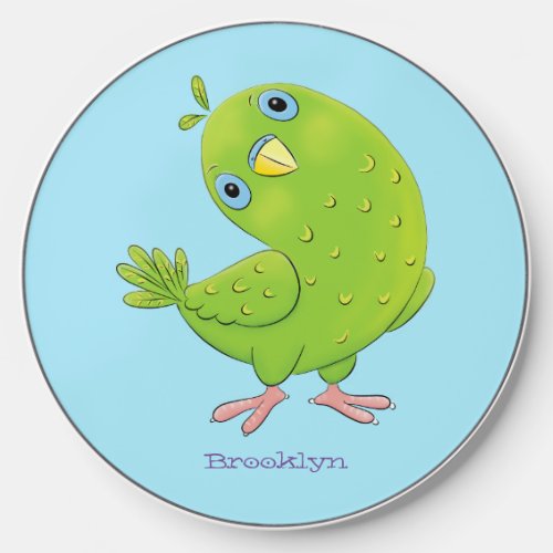 Cute green curious parakeet cartoon illustration wireless charger 