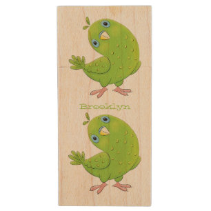 Cute green curious parakeet cartoon illustration wood flash drive