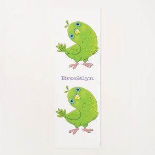 Cute green curious parakeet cartoon illustration yoga mat