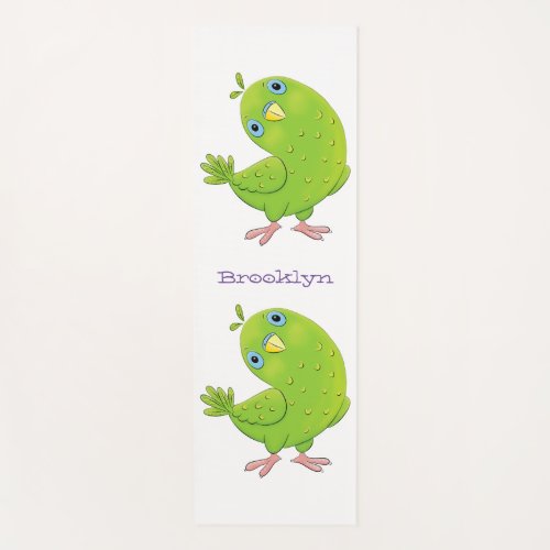 Cute green curious parakeet cartoon illustration yoga mat