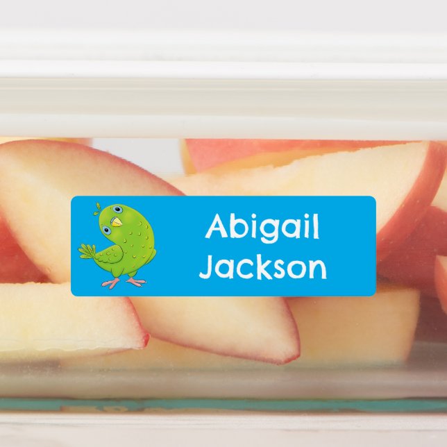 Cute green curious parakeet cartoon personalized labels (Affixed)