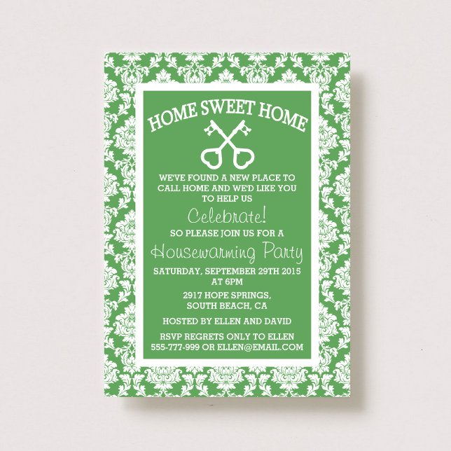 Cute Green Damask Home Sweet Home Housewarming Invitation (Creator Uploaded)