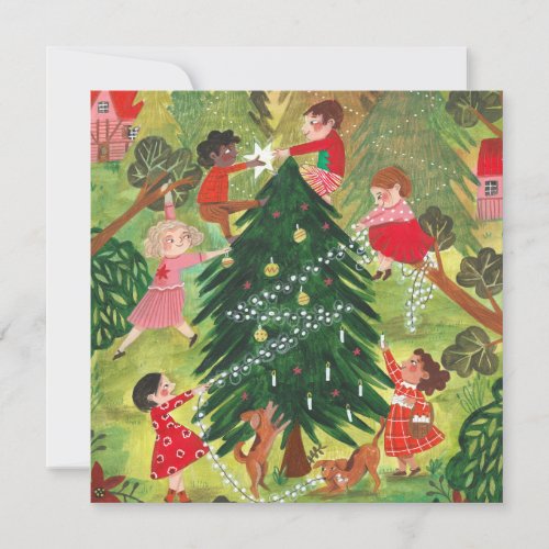 Cute green decorated Christmas tree children Holid Holiday Card