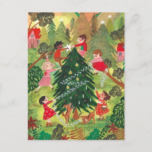 Cute green decorated Christmas tree children Holid Holiday Postcard