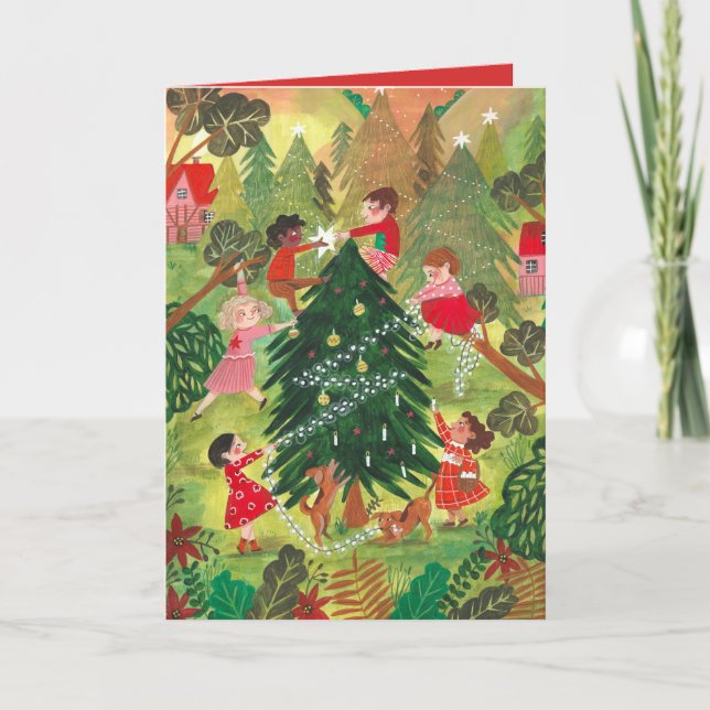 Cute green decorated Christmas tree children Holiday Card (Front)