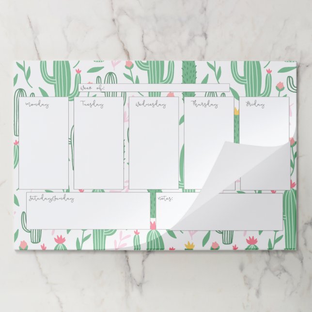 Cute Green Desert Cactus Pattern Weekly Paper Pad (Folded)