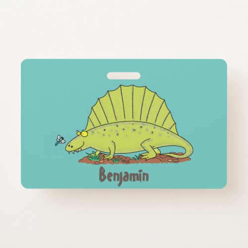 Cute green dimetrodon cartoon illustration badge