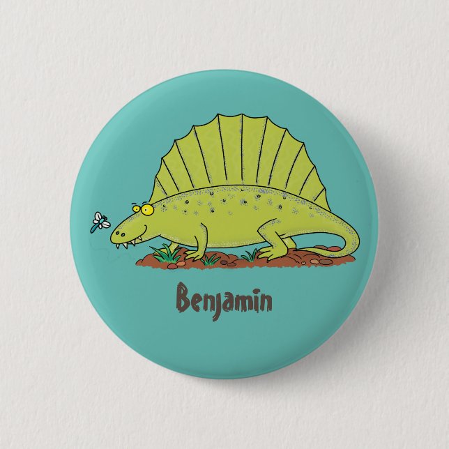Cute green dimetrodon cartoon illustration button (Front)