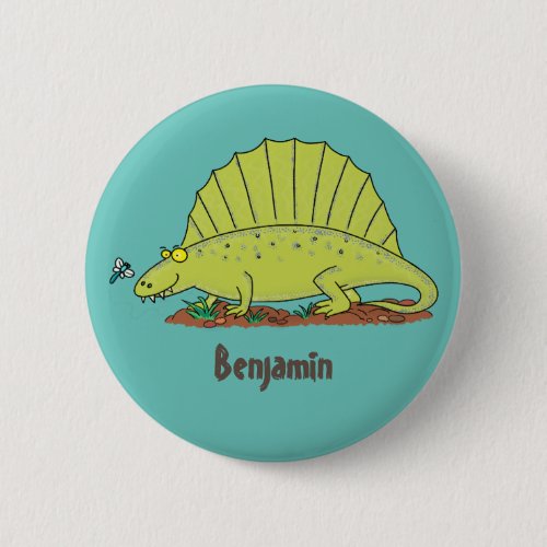 Cute green dimetrodon cartoon illustration button