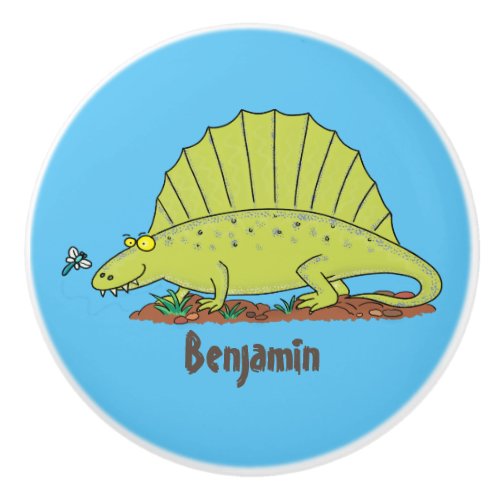 Cute green dimetrodon cartoon illustration ceramic knob