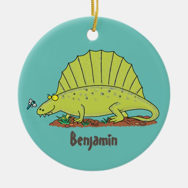 Cute green dimetrodon cartoon illustration ceramic ornament (Front)