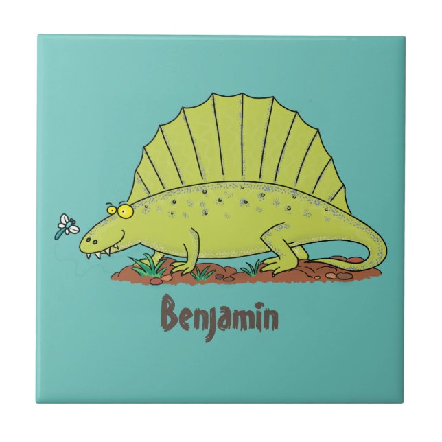 Cute green dimetrodon cartoon illustration ceramic tile (Front)