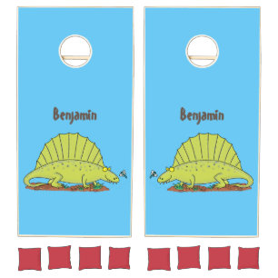 Cute green dimetrodon cartoon illustration cornhole set