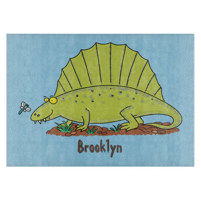 Cute green dimetrodon cartoon illustration cutting board (Front)