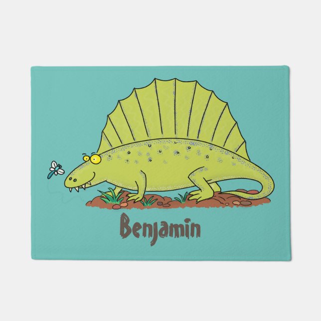 Cute green dimetrodon cartoon illustration doormat (Front)