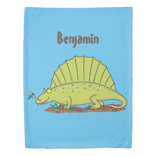 Cute green dimetrodon cartoon illustration duvet cover