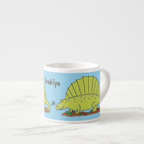 Cute green dimetrodon cartoon illustration espresso cup