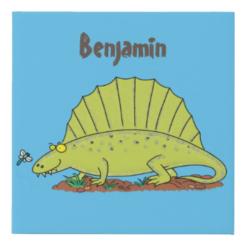 Cute green dimetrodon cartoon illustration faux canvas print