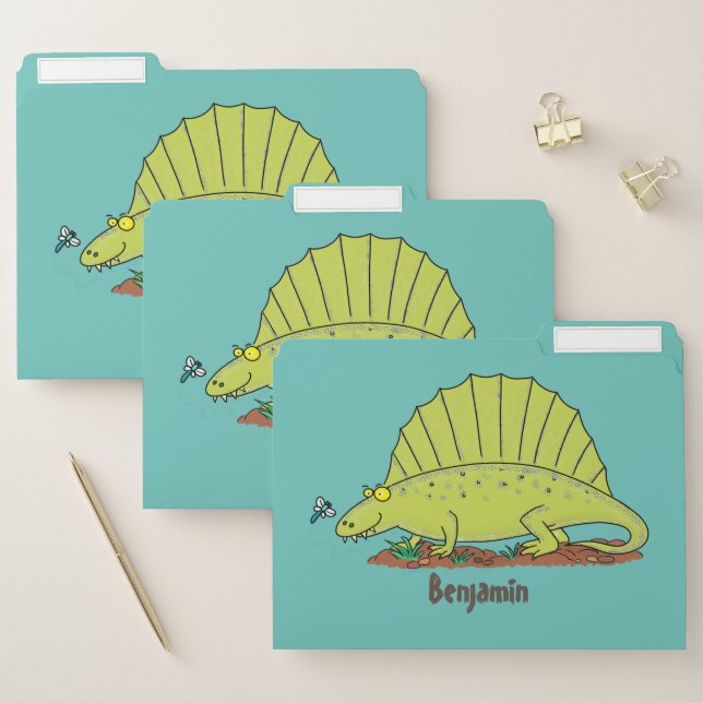 Cute green dimetrodon cartoon illustration file folder (Set)