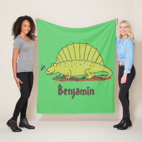 Cute green dimetrodon cartoon illustration fleece blanket