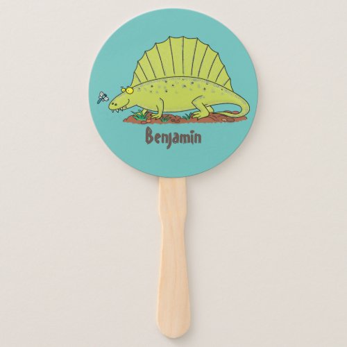 Cute green dimetrodon cartoon illustration hand fan