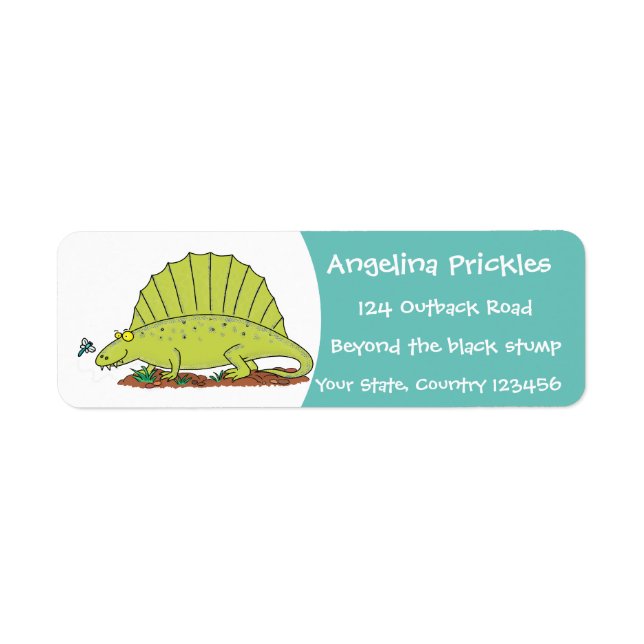 Cute green dimetrodon cartoon illustration label (Front)