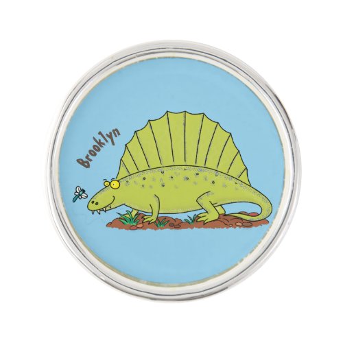 Cute green dimetrodon cartoon illustration lapel pin