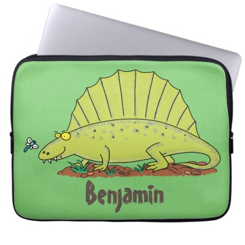 Cute green dimetrodon cartoon illustration laptop sleeve