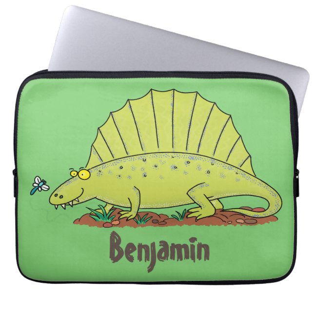 Cute green dimetrodon cartoon illustration laptop sleeve (Front)
