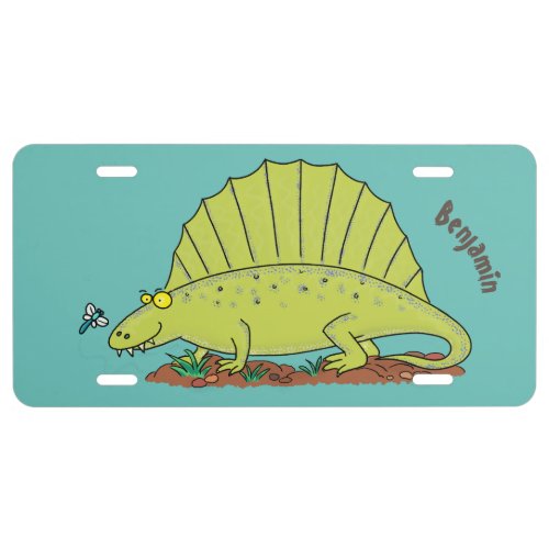 Cute green dimetrodon cartoon illustration license plate