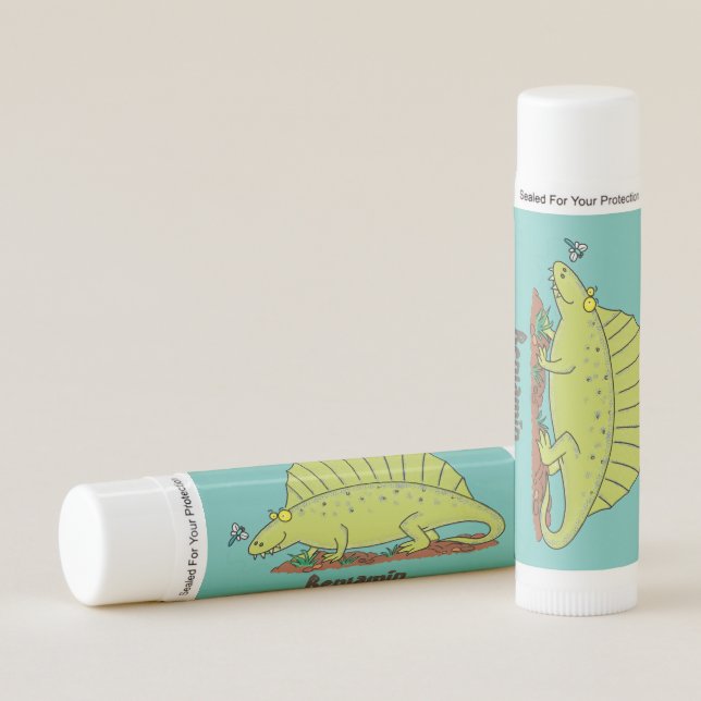 Cute green dimetrodon cartoon illustration lip balm (Front)