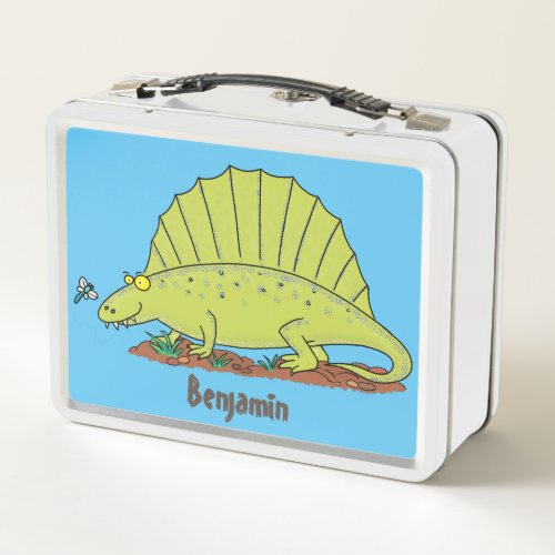 Cute green dimetrodon cartoon illustration metal lunch box