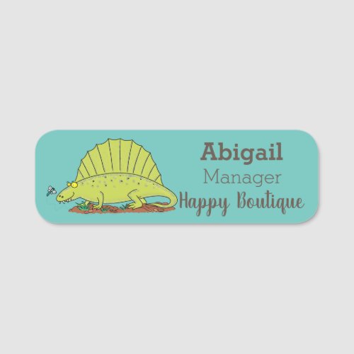 Cute green dimetrodon cartoon illustration name tag