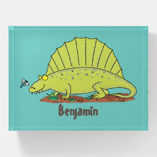 Cute green dimetrodon cartoon illustration paperweight