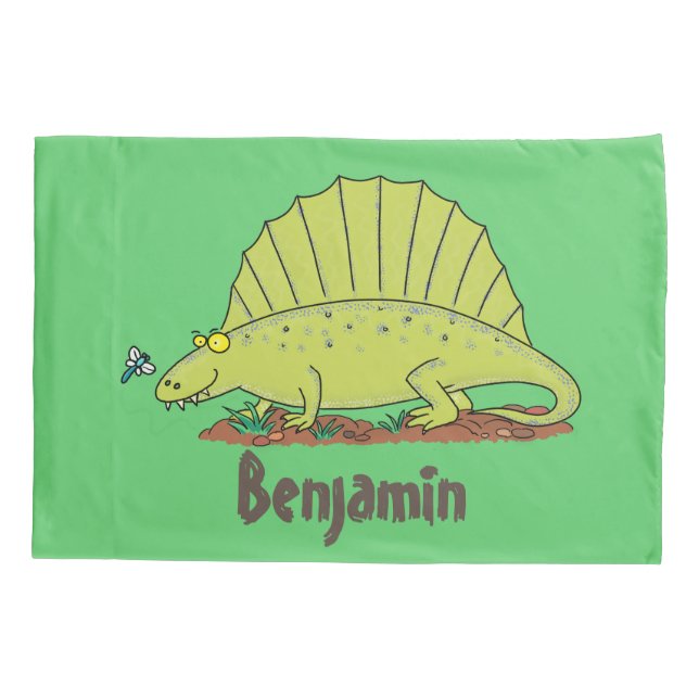 Cute green dimetrodon cartoon illustration pillow case (Back)