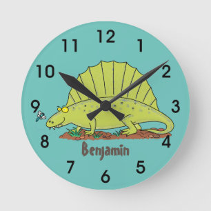 Cute green dimetrodon cartoon illustration round clock