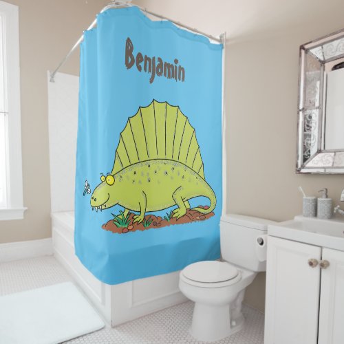 Cute green dimetrodon cartoon illustration shower curtain