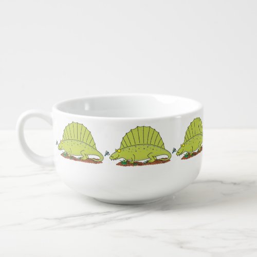 Cute green dimetrodon cartoon illustration soup mug